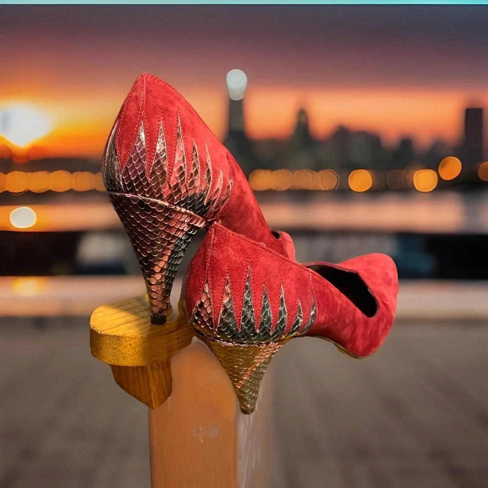 STUART WEITZMAN RED SNAKE‎ SKIN PATTERN SUEDE HIGH HEEL SHOES SIZE 8M